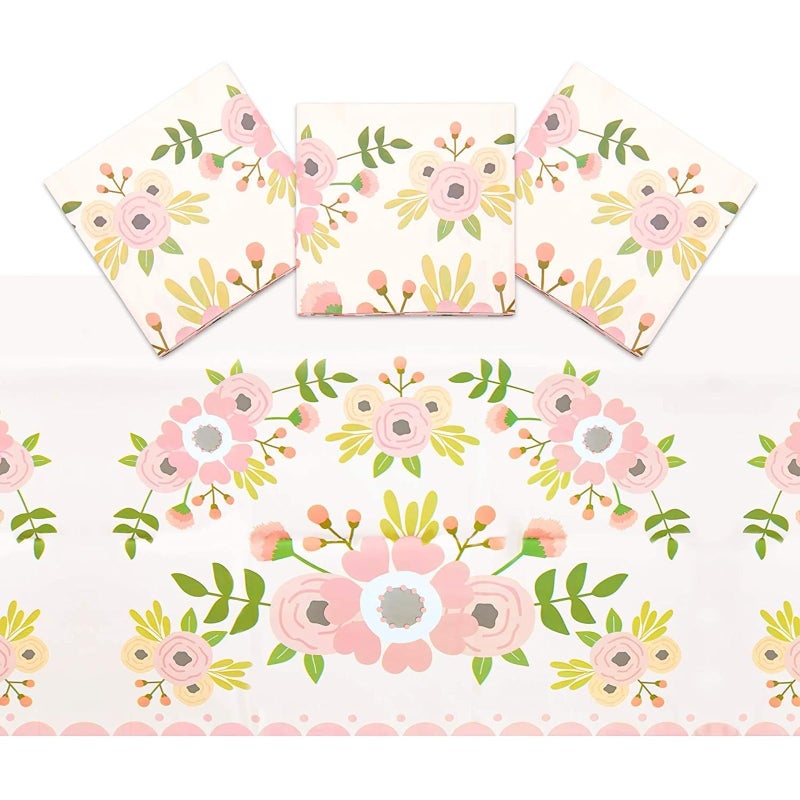 Sparkle and Bash Floral Plastic Rectangular Tablecloth - Easy-Clean Disposable Tablecloth - Party-Ready Baby Shower Decor - Festive Birthday & Tea Party Disposable Table Cover - 3-Pack, 54x108in, Pink - Image 1
